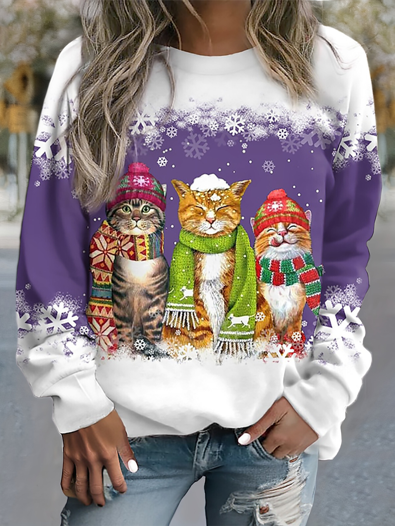 Dana™ | Cozy Winter Top with Snow Cat Print